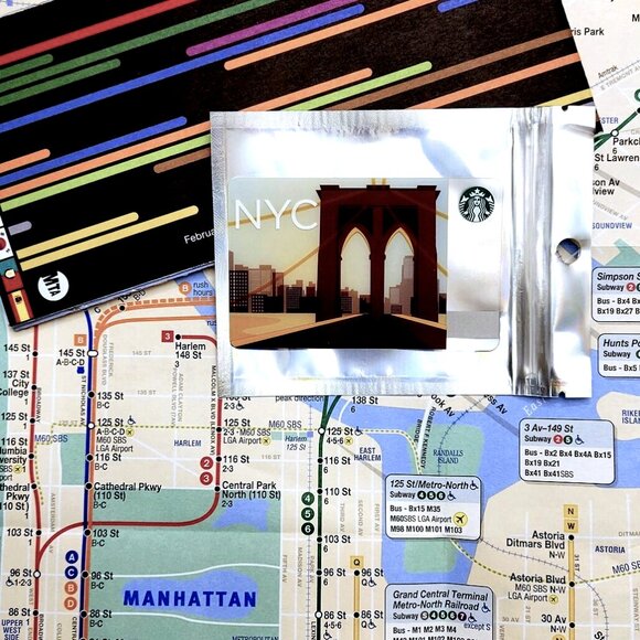 NYC Starbucks Card (Unused) + Free NYC MTA Travel Subway Train Poster Map - Picture 3 of 8